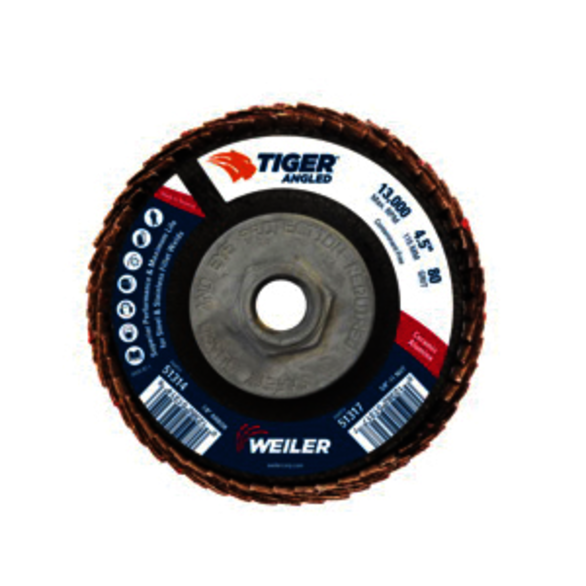 Tiger 51317 Coated Abrasive Flap Disc, 4-1/2 in Dia, 80 Grit, Medium Grade, Ceramic Alumina Abrasive, Type 27/Angled Disc