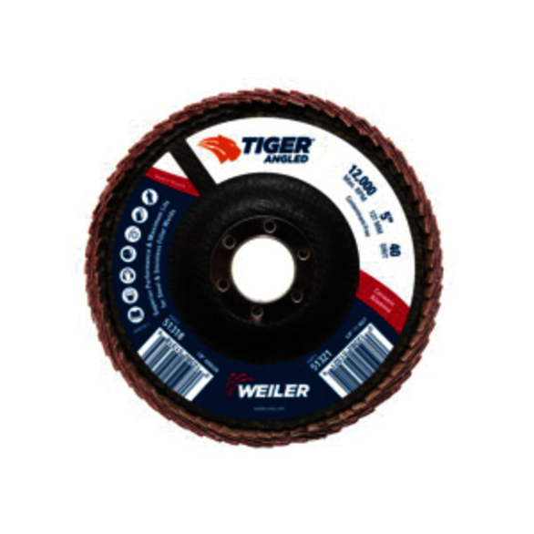 Tiger 51318 Coated Abrasive Flap Disc, 5 in Dia, 7/8 in Center Hole, 40 Grit, Coarse Grade, Ceramic Alumina Abrasive, Type 27/Angled Disc