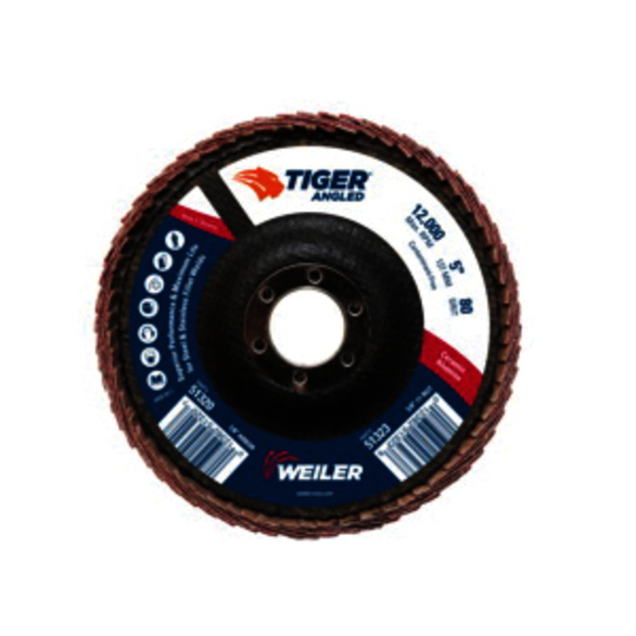 Tiger 51320 Coated Abrasive Flap Disc, 5 in Dia, 7/8 in Center Hole, 80 Grit, Medium Grade, Ceramic Alumina Abrasive, Type 27/Angled Disc