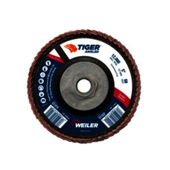 Tiger 51322 Coated Abrasive Flap Disc, 5 in Dia, 60 Grit, Medium Grade, Ceramic Alumina Abrasive, Type 27/Angled Disc