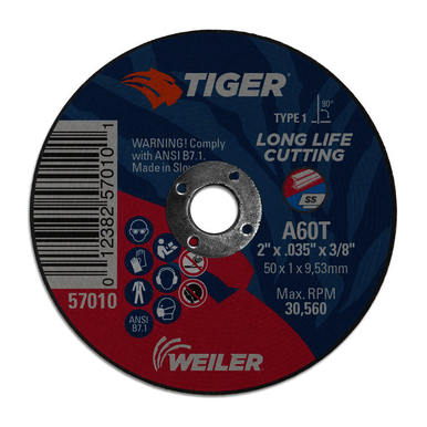Tiger 57010 Flat Long Life Performance Cut Cutting Wheel, 2 in Dia x 0.035 in THK, 3/8 in Center Hole, 60 Grit, Aluminum Oxide Abrasive