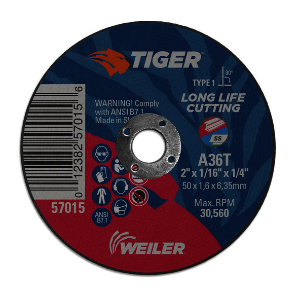 Tiger 57015 Flat Long Life Performance Cut Cutting Wheel, 2 in Dia x 1/16 in THK, 1/4 in Center Hole, 36 Grit, Aluminum Oxide Abrasive