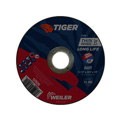 Tiger 57020 Flat Long Life Performance Line Reinforced Small Thin Cut-Off Wheel, 4-1/2 in Dia x 0.045 in THK, 7/8 in Center Hole, A60T Grit, Premium Aluminum Oxide Abrasive