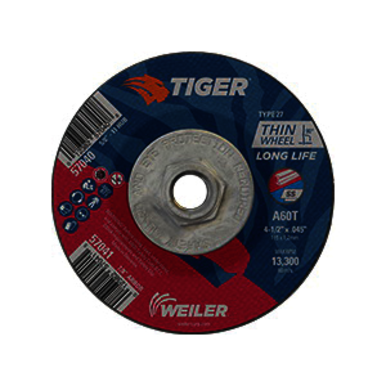 Tiger 57040 Long Life Performance Line Thin Depressed Center Cutting Wheel, 4-1/2 in Dia x 0.045 in THK, 60 Grit, Premium Aluminum Oxide Abrasive