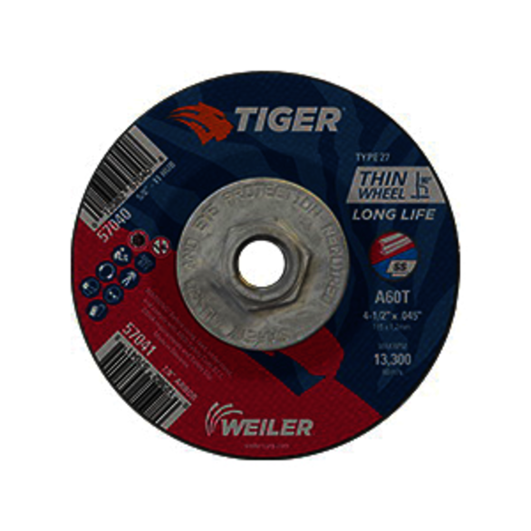 Tiger 57040 Long Life Performance Line Thin Depressed Center Cutting Wheel, 4-1/2 in Dia x 0.045 in THK, 60 Grit, Premium Aluminum Oxide Abrasive