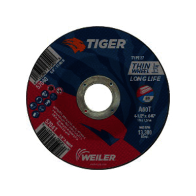 Tiger 57041 Long Life Performance Line Thin Depressed Center Cutting Wheel, 4-1/2 in Dia x 0.045 in THK, 7/8 in Center Hole, 60 Grit, Premium Aluminum Oxide Abrasive
