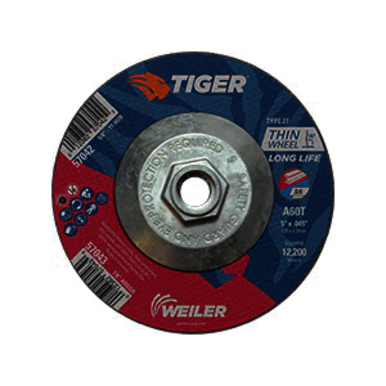 Tiger 57042 Long Life Performance Line Thin Depressed Center Cutting Wheel, 5 in Dia x 0.045 in THK, 60 Grit, Premium Aluminum Oxide Abrasive
