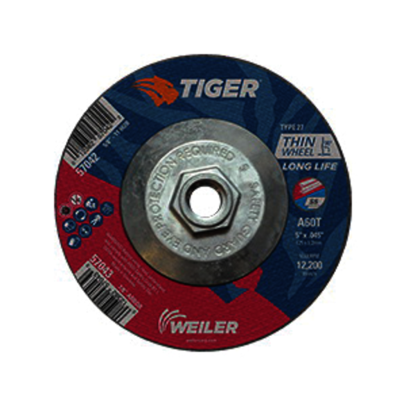 Tiger 57042 Long Life Performance Line Thin Depressed Center Cutting Wheel, 5 in Dia x 0.045 in THK, 60 Grit, Premium Aluminum Oxide Abrasive