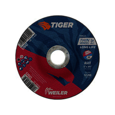 Tiger 57043 Long Life Performance Line Thin Depressed Center Cutting Wheel, 5 in Dia x 0.045 in THK, 7/8 in Center Hole, 60 Grit, Premium Aluminum Oxide Abrasive