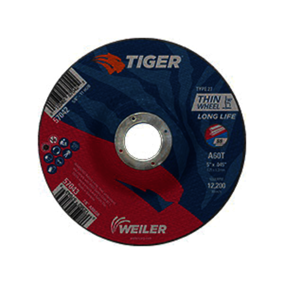 Tiger 57043 Long Life Performance Line Thin Depressed Center Cutting Wheel, 5 in Dia x 0.045 in THK, 7/8 in Center Hole, 60 Grit, Premium Aluminum Oxide Abrasive
