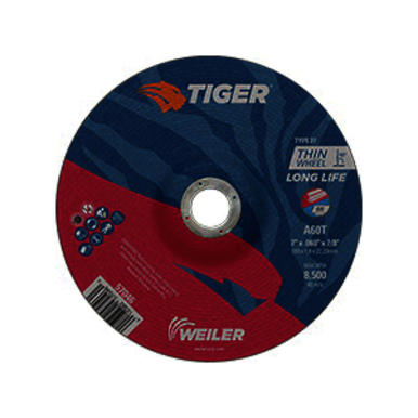 Tiger 57046 Long Life Performance Line Thin Depressed Center Cutting Wheel, 7 in Dia x 0.06 in THK, 7/8 in Center Hole, 60 Grit, Premium Aluminum Oxide Abrasive