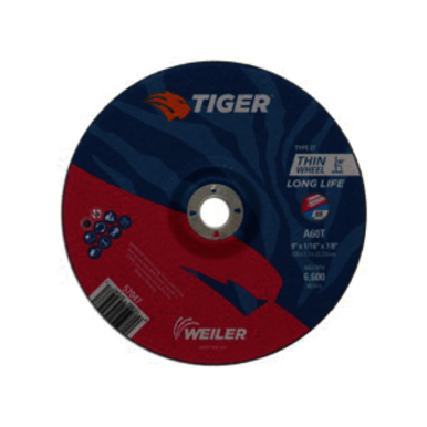 Tiger 57047 Long Life Performance Line Depressed Center Cutting Wheel, 9 in Dia x 1/16 in THK, 7/8 in Center Hole, 60 Grit, Premium Aluminum Oxide Abrasive