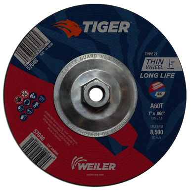 Tiger 57048 Performance Cut Long Life Cutting Wheel, 7 in Dia x 0.06 in THK, 5/8-11 UNC Center Hole, 60 Grit, Aluminum Oxide Abrasive
