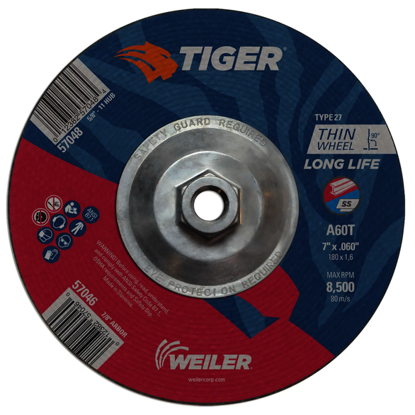 Tiger 57048 Performance Cut Long Life Cutting Wheel, 7 in Dia x 0.06 in THK, 5/8-11 UNC Center Hole, 60 Grit, Aluminum Oxide Abrasive