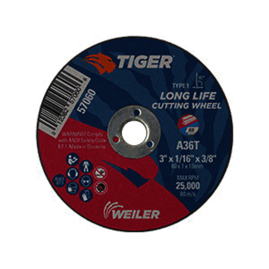 Tiger 57060 Flat Long Life Reinforced Small Cut-Off Wheel, 3 in Dia x 1/16 in THK, 3/8 in Center Hole, A36T Grit, Premium Aluminum Oxide Abrasive