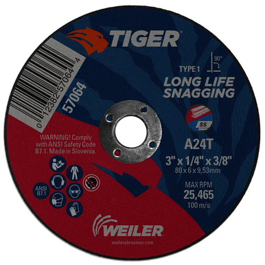 Tiger 57064 Performance Snagging Wheel, 3 in Dia Max, 1/4 in THK, Type 1 Shape