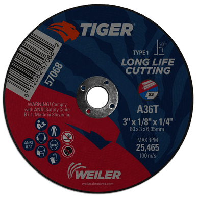 Tiger 57068 Flat Long Life Performance Cut Cutting Wheel, 3 in Dia x 1/8 in THK, 1/4 in Center Hole, 36 Grit, Aluminum Oxide Abrasive