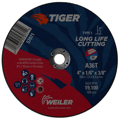 Tiger 57071 Flat Long Life Performance Cut Cutting Wheel, 4 in Dia x 1/16 in THK, 3/8 in Center Hole, 36 Grit, Aluminum Oxide Abrasive