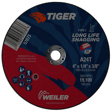 Tiger 57073 Performance Snagging Wheel, 4 in Dia Max, 1/4 in THK, Type 1 Shape