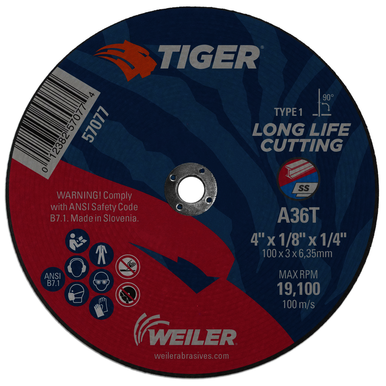 Tiger 57077 Flat Long Life Performance Cut Cutting Wheel, 4 in Dia x 1/8 in THK, 1/4 in Center Hole, 36 Grit, Aluminum Oxide Abrasive