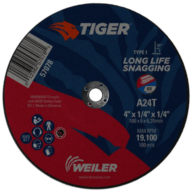 Tiger 57078 Performance Snagging Wheel, 4 in Dia Max, 1/4 in THK, Type 1 Shape