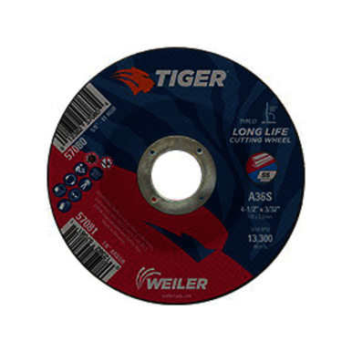 Tiger 57080 Long Life Performance Line Depressed Center Cutting Wheel, 4-1/2 in Dia x 3/32 in THK, 60 Grit, Premium Aluminum Oxide Abrasive
