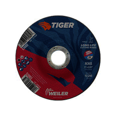 Tiger 57083 Long Life Performance Line Depressed Center Cutting Wheel, 5 in Dia x 3/32 in THK, 7/8 in Center Hole, 60 Grit, Premium Aluminum Oxide Abrasive