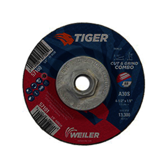 Tiger 57100 Combination Long Life Performance Line Depressed Center Combo Wheel, 4-1/2 in Dia x 1/8 in THK, 30 Grit, Premium Aluminum Oxide Abrasive