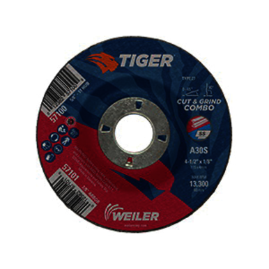 Tiger 57101 Combination Long Life Performance Line Depressed Center Combo Wheel, 4-1/2 in Dia x 1/8 in THK, 7/8 in Center Hole, 30 Grit, Premium Aluminum Oxide Abrasive