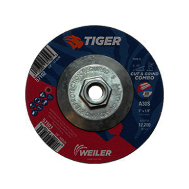 Tiger 57102 Combination Long Life Performance Line Depressed Center Combo Wheel, 5 in Dia x 1/8 in THK, 30 Grit, Premium Aluminum Oxide Abrasive