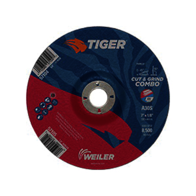 Tiger 57105 Combination Long Life Performance Line Depressed Center Combo Wheel, 7 in Dia x 1/8 in THK, 7/8 in Center Hole, 30 Grit, Premium Aluminum Oxide Abrasive