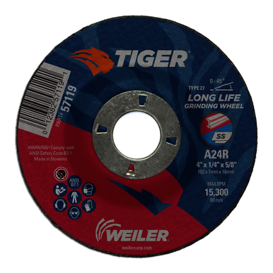 Tiger 57119 Performance Grinding Wheel, 4 in Dia Max, 1/4 in THK, Type 27 Shape