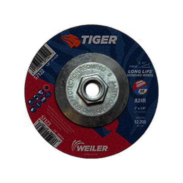 Tiger 57122 Performance Line Depressed Center Grinding Wheel, 5 in Dia x 1/4 in THK, 24 Grit, Premium Aluminum Oxide Abrasive