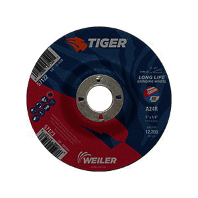 Tiger 57123 Performance Line Depressed Center Grinding Wheel, 5 in Dia x 1/4 in THK, 7/8 in Center Hole, 24 Grit, Premium Aluminum Oxide Abrasive