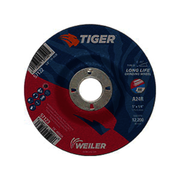 Tiger 57123 Performance Line Depressed Center Grinding Wheel, 5 in Dia x 1/4 in THK, 7/8 in Center Hole, 24 Grit, Premium Aluminum Oxide Abrasive