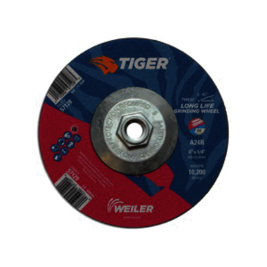 Tiger 57128 Performance Line Depressed Center Grinding Wheel, 6 in Dia x 1/4 in THK, 24 Grit, Premium Aluminum Oxide Abrasive