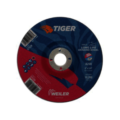 Tiger 57129 Performance Line Depressed Center Grinding Wheel, 6 in Dia x 1/4 in THK, 7/8 in Center Hole, 24 Grit, Premium Aluminum Oxide Abrasive