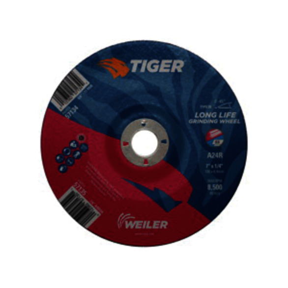 Tiger 57135 Performance Line Depressed Center Grinding Wheel, 7 in Dia x 1/4 in THK, 7/8 in Center Hole, 24 Grit, Premium Aluminum Oxide Abrasive