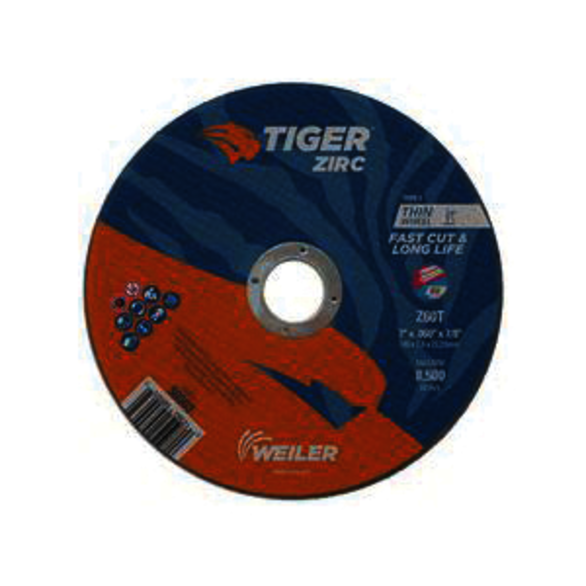 Tiger 58003 Fast Cut and Long Life Flat Performance Line Thin Cut-Off Wheel, 7 in Dia x 0.06 in THK, 7/8 in Center Hole, Z60T Grit, Zirconia Alumina Abrasive