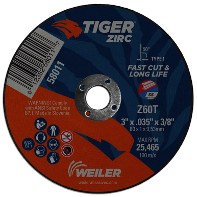 Tiger 58011 Flat High Performance Fast Cut and Long Life Cutting Wheel, 3 in Dia x 0.035 in THK, 3/8 in Center Hole, 60 Grit, Zirconia Alumina Abrasive