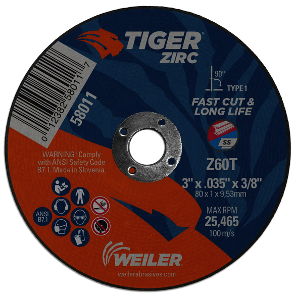 Tiger 58011 Flat High Performance Fast Cut and Long Life Cutting Wheel, 3 in Dia x 0.035 in THK, 3/8 in Center Hole, 60 Grit, Zirconia Alumina Abrasive