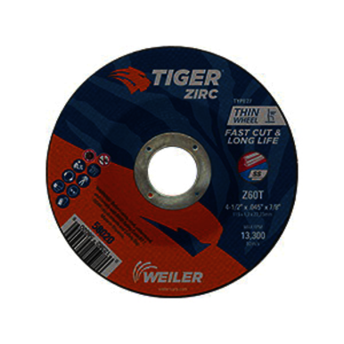 Tiger 58020 Fast Cut and Long Life Performance Line Thin Depressed Center Cutting Wheel, 4-1/2 in Dia x 0.045 in THK, 7/8 in Center Hole, 60 Grit, Zirconia Alumina Abrasive