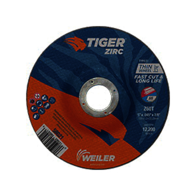 Tiger 58021 Fast Cut and Long Life Performance Line Thin Depressed Center Cutting Wheel, 5 in Dia x 0.045 in THK, 7/8 in Center Hole, 60 Grit, Zirconia Alumina Abrasive