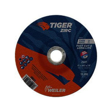 Tiger 58022 Fast Cut and Long Life Performance Line Thin Depressed Center Cutting Wheel, 6 in Dia x 0.045 in THK, 7/8 in Center Hole, 60 Grit, Zirconia Alumina Abrasive