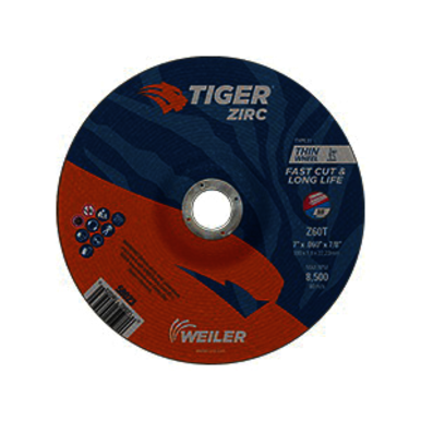Tiger 58023 Fast Cut and Long Life Performance Line Thin Depressed Center Cutting Wheel, 7 in Dia x 0.06 in THK, 7/8 in Center Hole, 60 Grit, Zirconia Alumina Abrasive