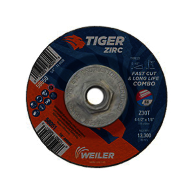 Tiger 58050 Combination Fast and Long Life Performance Line Depressed Center Combo Wheel, 4-1/2 in Dia x 1/8 in THK, 30 Grit, Zirconia Alumina Abrasive