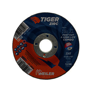 Tiger 58051 Combination Fast and Long Life Performance Line Depressed Center Combo Wheel, 4-1/2 in Dia x 1/8 in THK, 7/8 in Center Hole, 30 Grit, Zirconia Alumina Abrasive
