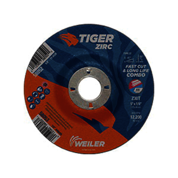 Tiger 58053 Combination Fast and Long Life Performance Line Depressed Center Combo Wheel, 5 in Dia x 1/8 in THK, 7/8 in Center Hole, 30 Grit, Zirconia Alumina Abrasive