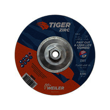 Tiger 58055 Combination Fast and Long Life Performance Line Depressed Center Combo Wheel, 7 in Dia x 1/8 in THK, 30 Grit, Zirconia Alumina Abrasive