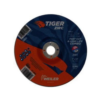Tiger 58056 Combination Fast and Long Life Performance Line Depressed Center Combo Wheel, 7 in Dia x 1/8 in THK, 7/8 in Center Hole, 30 Grit, Zirconia Alumina Abrasive